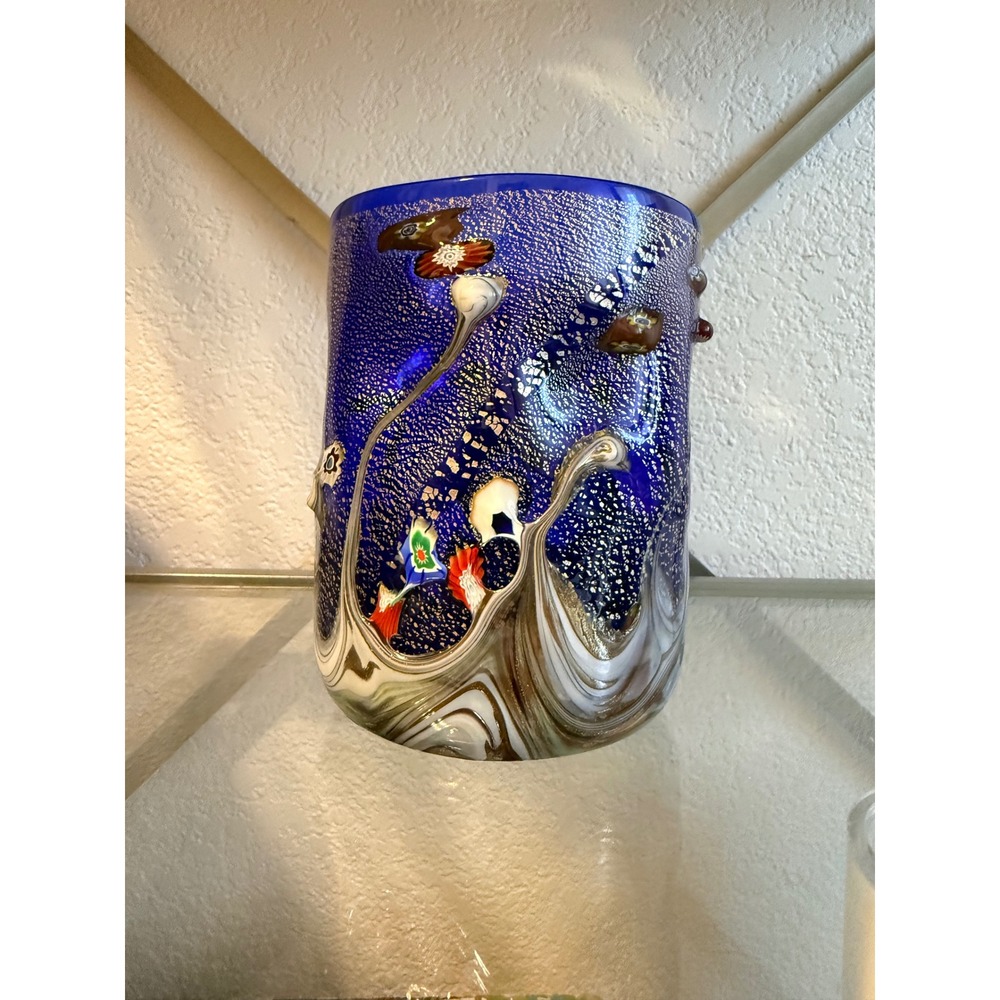 Murano Style Art Glass Vase‎ Cobalt Millefiori Gold Aventurine Pulled Feather